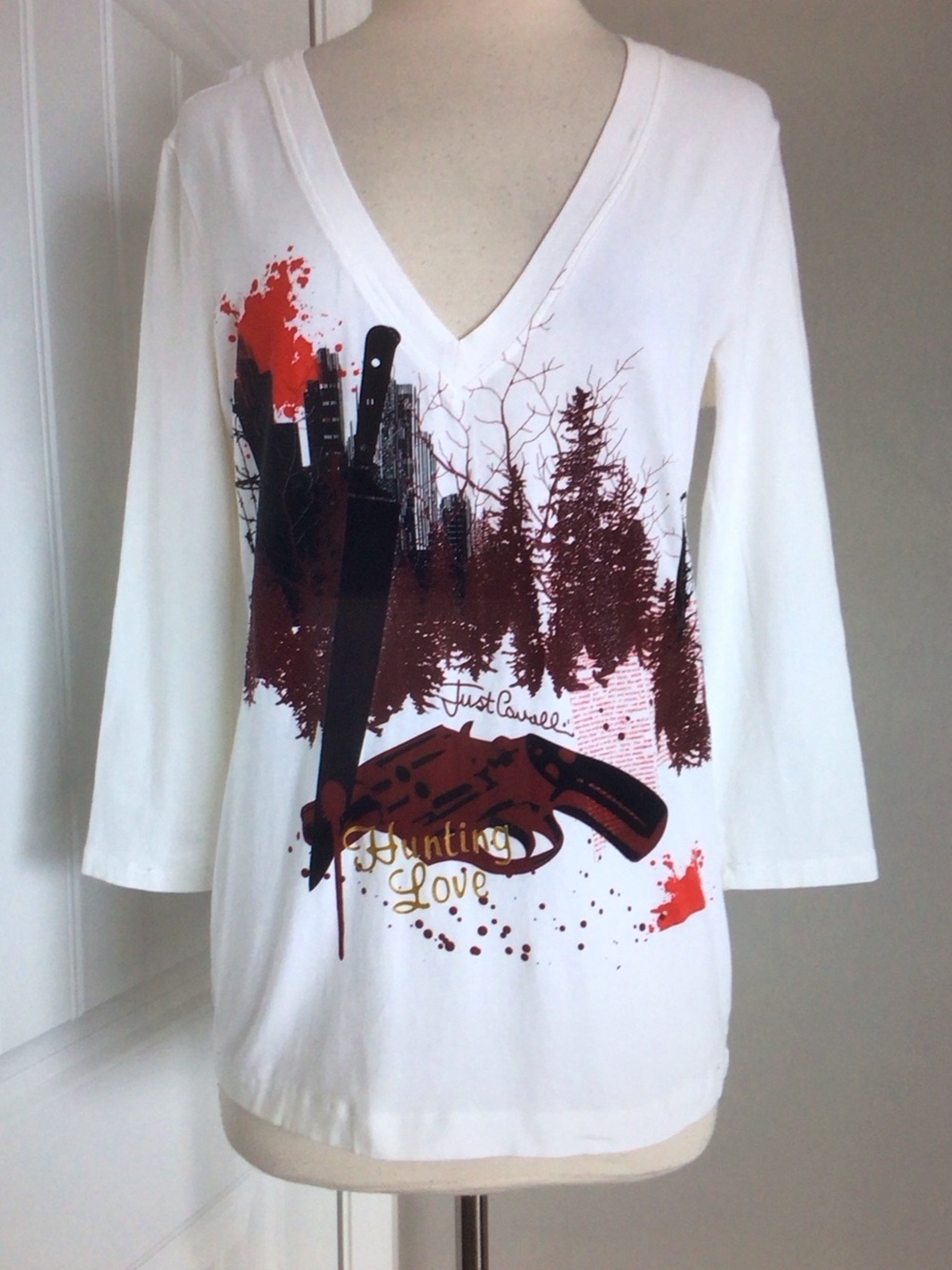 Just Cavalli White Long Sleeve V-Neck Graphic Tee with Red and Brown Print